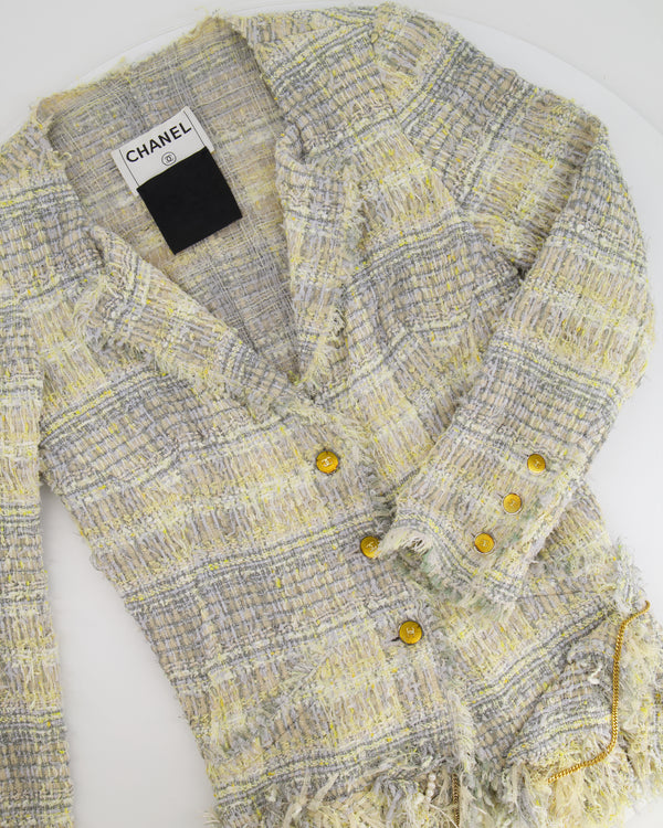 Chanel 05P Yellow and Grey CC Logo Tweed Jacket with Pearl and Chain Detail Size FR 36 (UK 8)