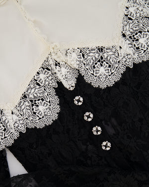 Dolce & Gabbana Black Mesh Long-Sleeve White Lace and Silk Collar Corset Top with Crystal Button Details Size IT 40 (UK 8)