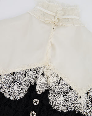 Dolce & Gabbana Black Mesh Long-Sleeve White Lace and Silk Collar Corset Top with Crystal Button Details Size IT 40 (UK 8)