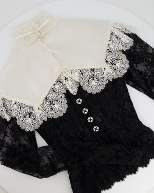 Dolce & Gabbana Black Mesh Long-Sleeve White Lace and Silk Collar Corset Top with Crystal Button Details Size IT 40 (UK 8)