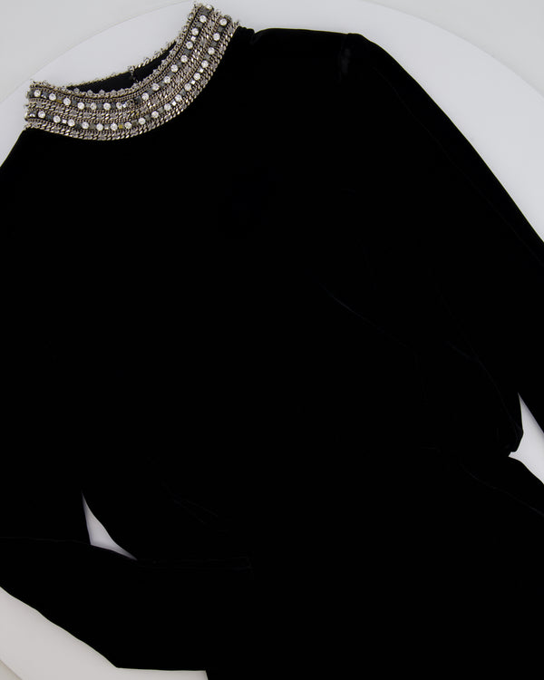 Saint Laurent Black Suede Long-Sleeve Mini Dress with Crystal Embellished Collar Detail Size FR 36 (UK 8)