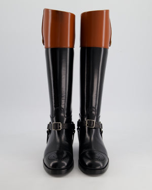 Gucci Black & Brown Equestrian Buckle-Detailed Two-Tone Leather Boots Size EU 36.5 RRP £1,020