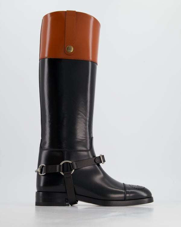 Gucci Black & Brown Equestrian Buckle-Detailed Two-Tone Leather Boots Size EU 36.5 RRP £1,020