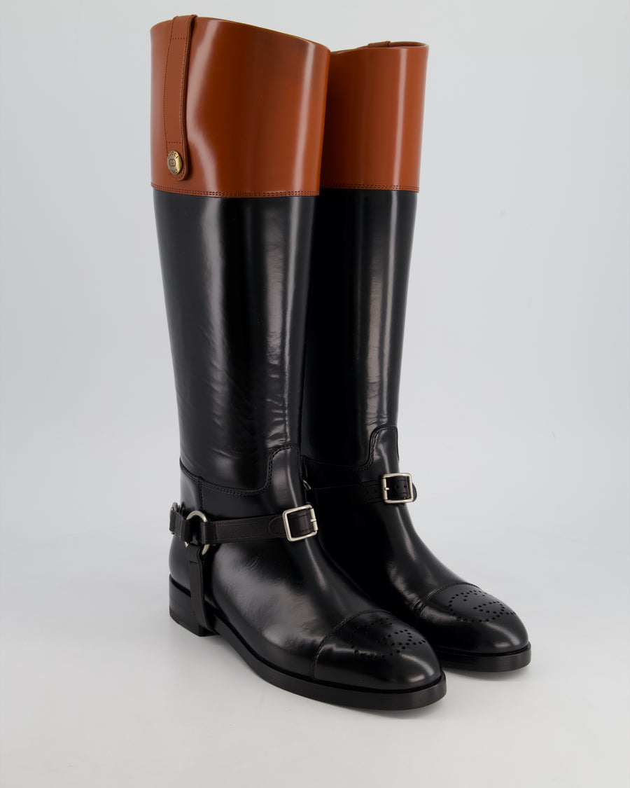 Gucci Black & Brown Equestrian Buckle-Detailed Two-Tone Leather Boots Size EU 36.5 RRP £1,020