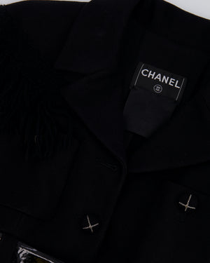 Chanel Black Wool Tweed-Panelled Coat with Fringes, Bow and Patent Leather Belt Detail Size FR 36 (UK 8)