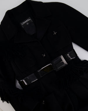 Chanel Black Wool Tweed-Panelled Coat with Fringes, Bow and Patent Leather Belt Detail Size FR 36 (UK 8)