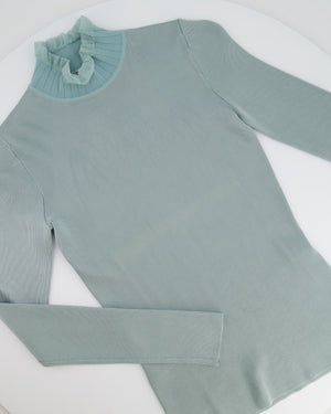 Hermès Baby Blue Silk Long-Sleeve Top with Ruffle Collar Detail Size FR 34 (UK 6)