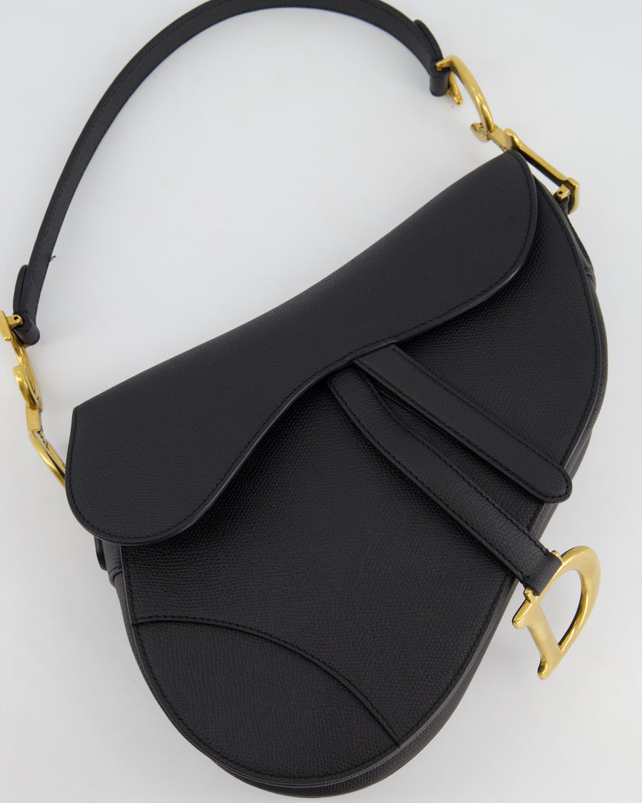 *HOT* Christian Dior Black Saddle Bag in Grained Calfskin Leather with Antique Gold Hardware