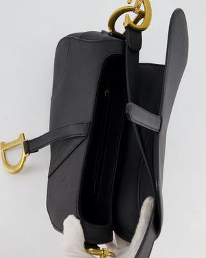 *HOT* Christian Dior Black Saddle Bag in Grained Calfskin Leather with Antique Gold Hardware