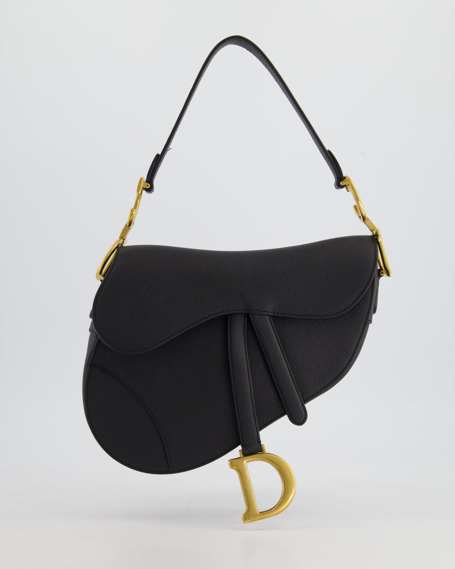 *HOT* Christian Dior Black Saddle Bag in Grained Calfskin Leather with Antique Gold Hardware