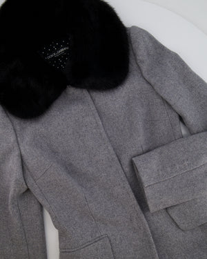 Dolce & Gabbana Grey Wool Coat with Black Mink Fur Collar Size IT 38 (UK 6)