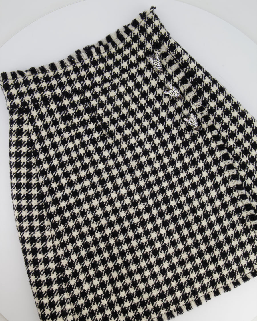 Dolce & Gabbana Black & White Wool Houndstooth Mini Skirt with Zebra Appliqué Size IT 38 (UK 6)