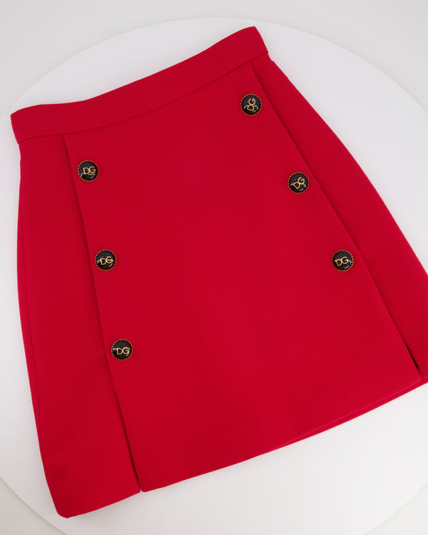 Dolce & Gabbana Red Wool Mini Skirt with Black and Gold Logo Buttons Size IT 38 (UK 6)