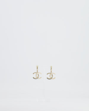 Chanel Champagne Gold CC Logo Pendant Earrings, Black and White Enamel