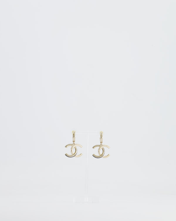 Chanel Champagne Gold CC Logo Pendant Earrings, Black and White Enamel