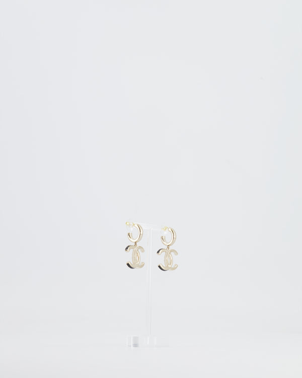 Chanel Champagne Gold CC Logo Pendant Earrings, Black and White Enamel