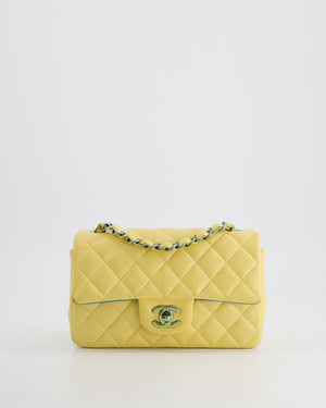 Chanel Yellow, Blue Mini Rectangular Flap Bag in Lambskin Leather with Blue Hardware