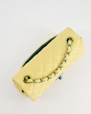 Chanel Yellow, Blue Mini Rectangular Flap Bag in Lambskin Leather with Blue Hardware