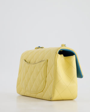 Chanel Yellow, Blue Mini Rectangular Flap Bag in Lambskin Leather with Blue Hardware