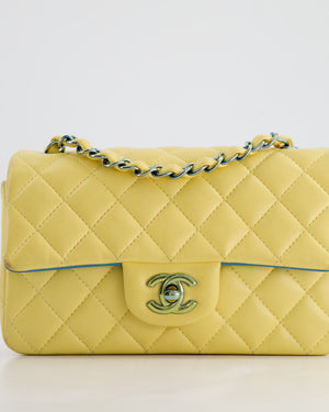 Chanel Yellow, Blue Mini Rectangular Flap Bag in Lambskin Leather with Blue Hardware