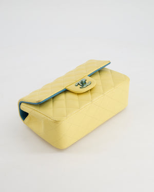 Chanel Yellow, Blue Mini Rectangular Flap Bag in Lambskin Leather with Blue Hardware