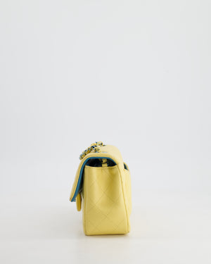 Chanel Yellow, Blue Mini Rectangular Flap Bag in Lambskin Leather with Blue Hardware