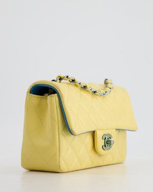 Chanel Yellow, Blue Mini Rectangular Flap Bag in Lambskin Leather with Blue Hardware