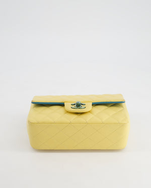 Chanel Yellow, Blue Mini Rectangular Flap Bag in Lambskin Leather with Blue Hardware