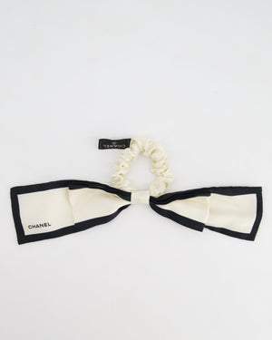 Chanel White & Black Bow Hair Tie with Logo & Camelia Details