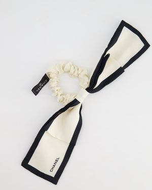 Chanel White & Black Bow Hair Tie with Logo & Camelia Details