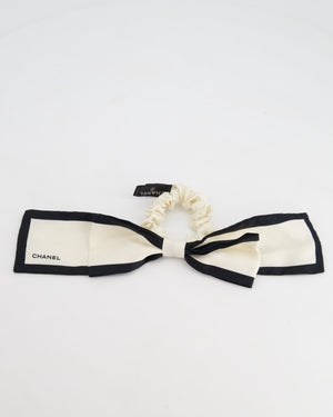 Chanel White & Black Bow Hair Tie with Logo & Camelia Details