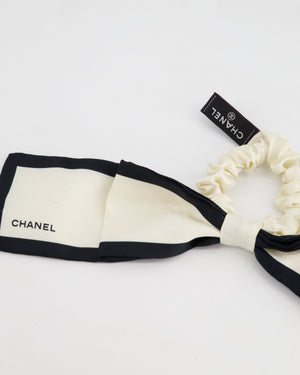 Chanel White & Black Bow Hair Tie with Logo & Camelia Details