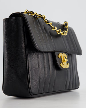 Chanel Vintage Black Square Caviar Single Flap Double Chain Mademoiselle Bag with 24K Gold Hardware