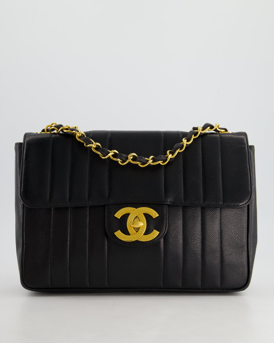 Chanel Vintage Black Square Caviar Single Flap Double Chain Mademoiselle Bag with 24K Gold Hardware