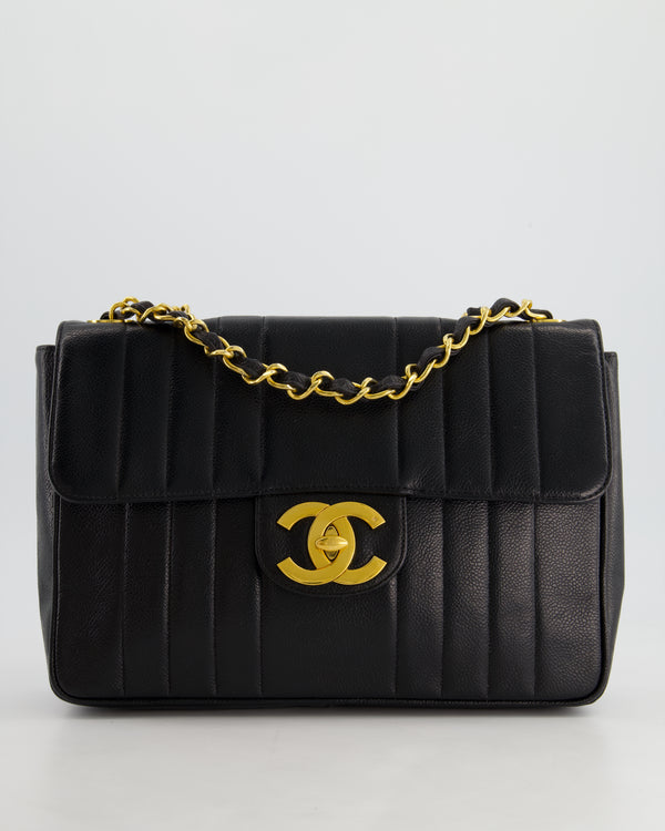 Chanel Vintage Black Square Caviar Single Flap Double Chain Mademoiselle Bag with 24K Gold Hardware