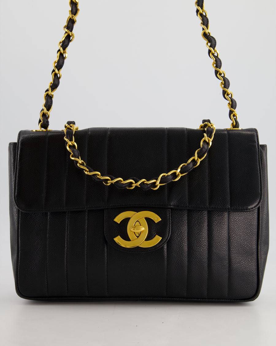 Chanel Vintage Black Square Caviar Single Flap Double Chain Mademoiselle Bag with 24K Gold Hardware