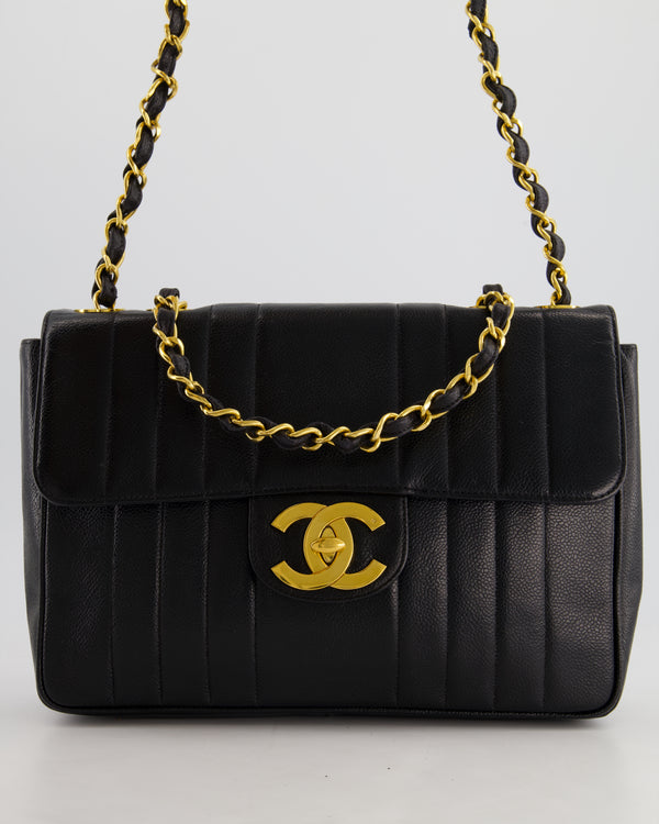 Chanel Vintage Black Square Caviar Single Flap Double Chain Mademoiselle Bag with 24K Gold Hardware