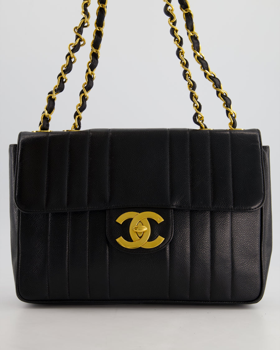 Chanel Vintage Black Square Caviar Single Flap Double Chain Mademoiselle Bag with 24K Gold Hardware