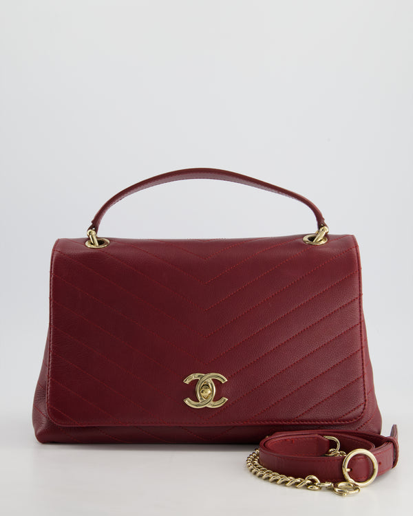 Chanel Bordeaux Burgundy Chevron Top Handle Bag Calfskin Leather with Champagne Gold Hardware