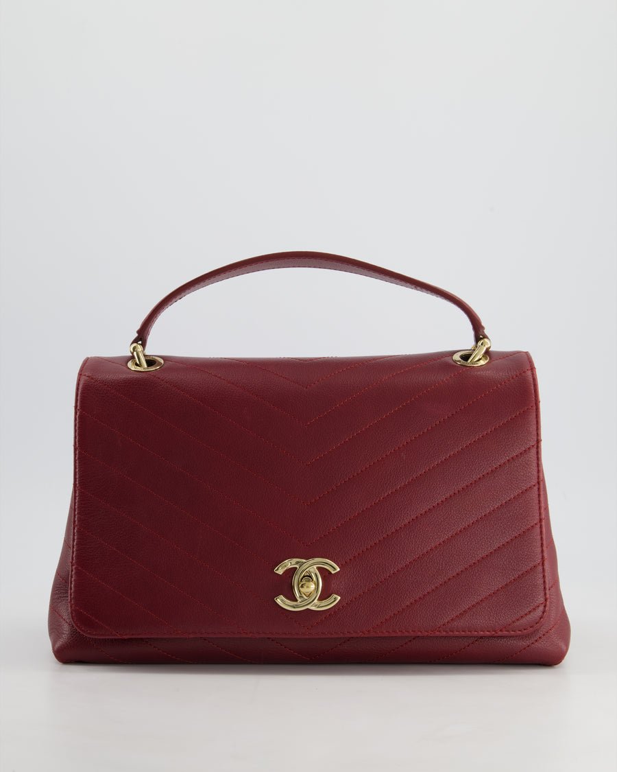 Chanel Bordeaux Burgundy Chevron Top Handle Bag Calfskin Leather with Champagne Gold Hardware