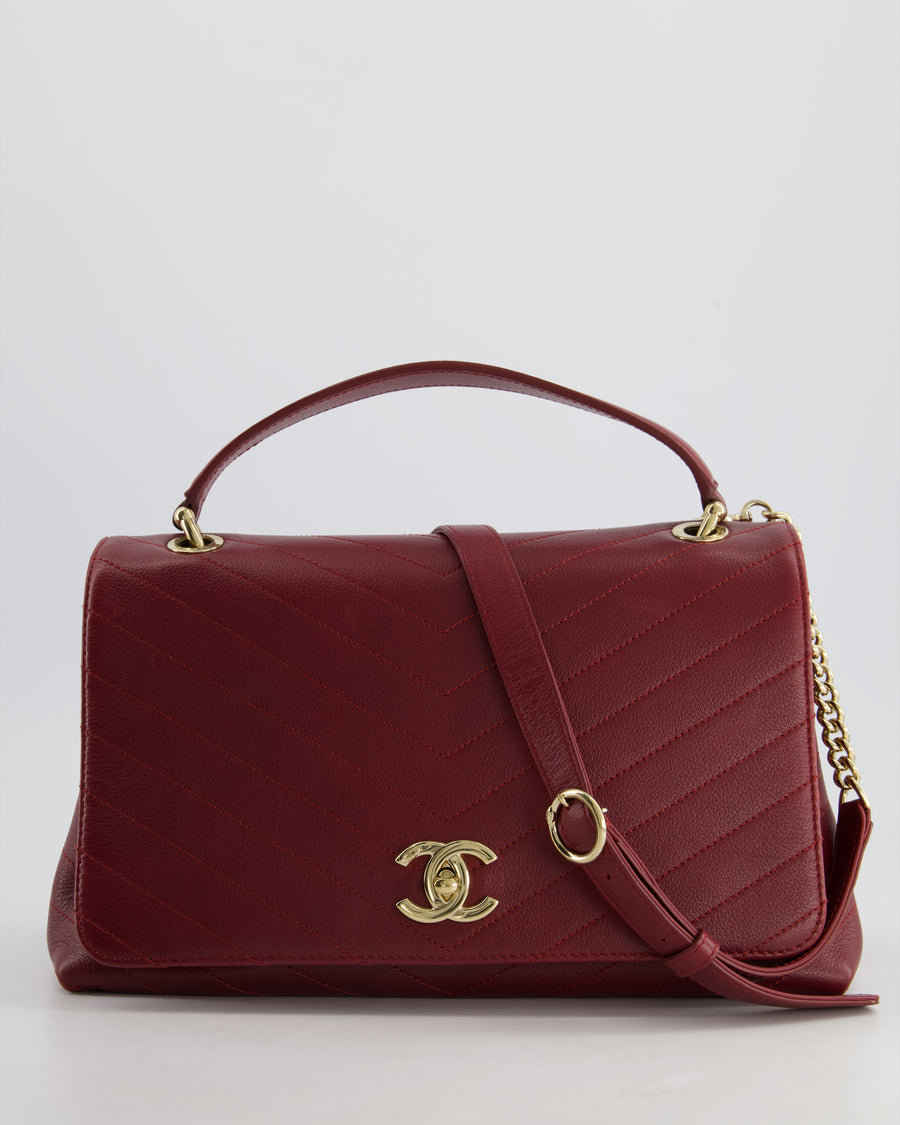 Chanel Bordeaux Burgundy Chevron Top Handle Bag Calfskin Leather with Champagne Gold Hardware