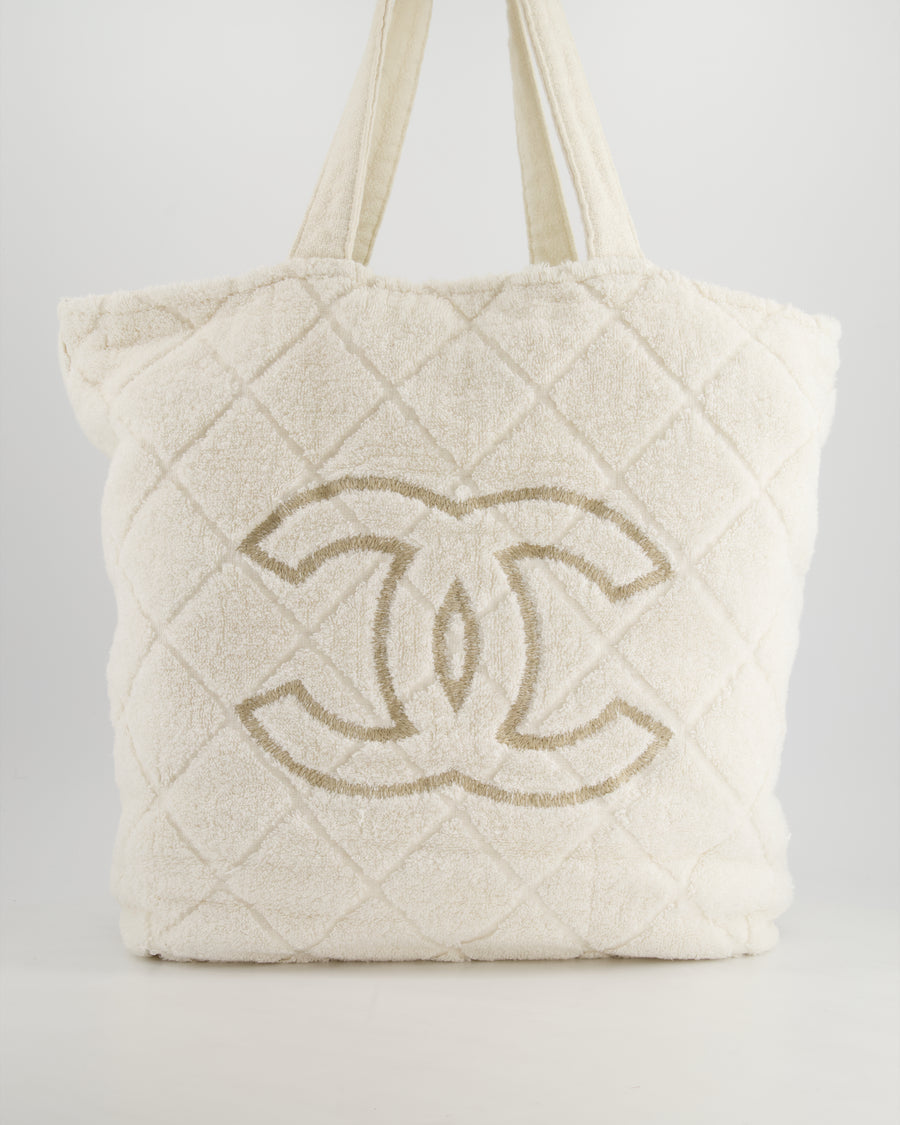 *HOT* Chanel Ivory Terry Beach Set with CC Tote Bag, Towel and Small Pouch