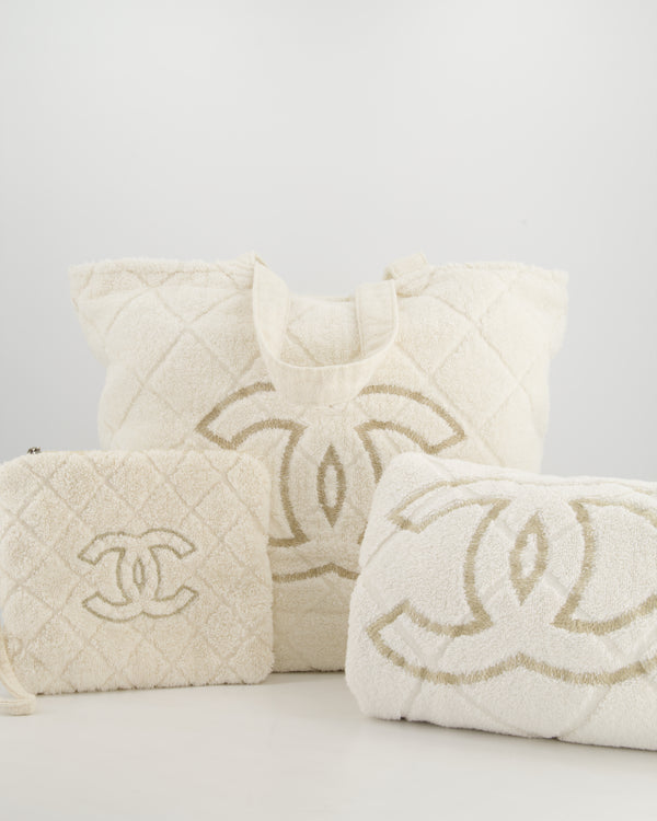 *HOT* Chanel Ivory Terry Beach Set with CC Tote Bag, Towel and Small Pouch