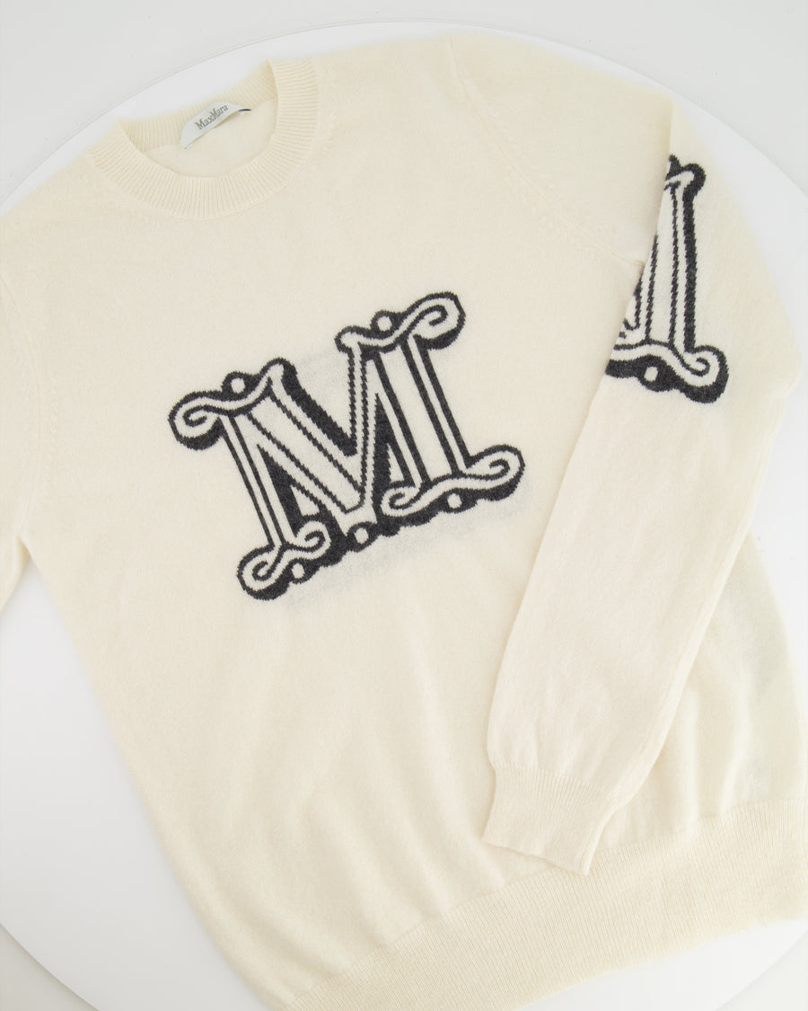 Max Mara Cream Cashmere Jumper with Grey Logo Detail Size S (UK 8)