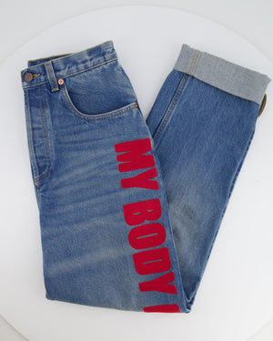 Gucci Blue Washed My Body My Choice Red Embroidered Straight Jeans Size 26 (UK 8)