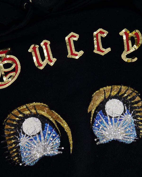 Gucci Black Sequin Embellished Hooded Sweater with Guccy Logo Size S (UK 8)