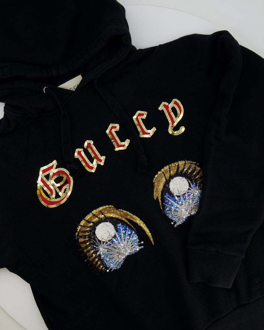 Gucci Black Sequin Embellished Hooded Sweater with Guccy Logo Size S (UK 8)