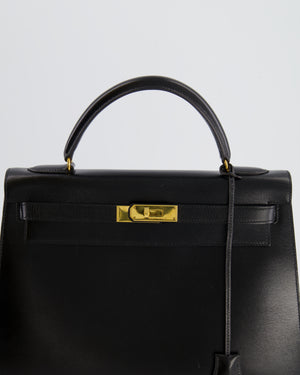 Hermès Vintage Black Kelly Sellier 32cm Bag in Calfskin Box Leather with Gold Hardware