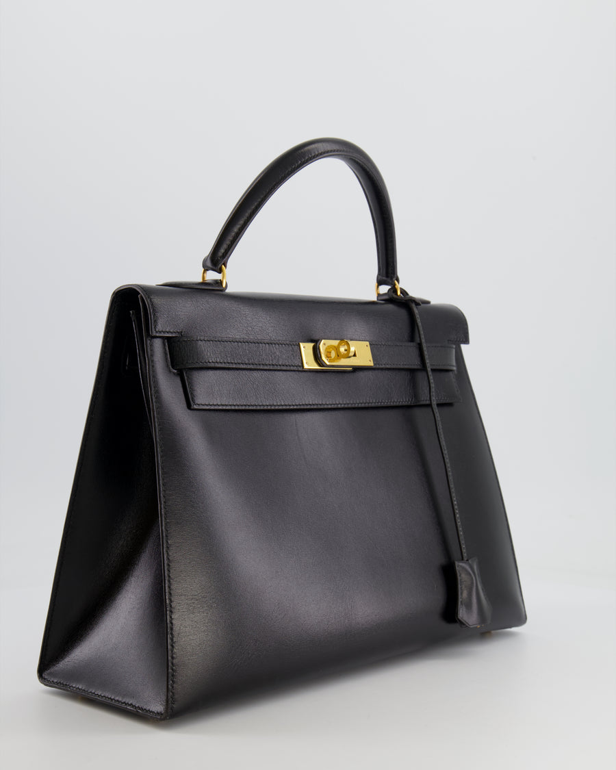 Hermès Vintage Black Kelly Sellier 32cm Bag in Calfskin Box Leather with Gold Hardware