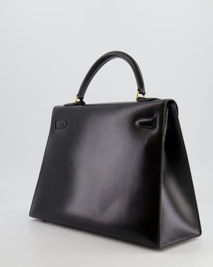 Hermès Vintage Black Kelly Sellier 32cm Bag in Calfskin Box Leather with Gold Hardware